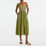 Women Floral Embroidered Maxi Dress Sleeveless Tie Shoulder Smocked Flowy Dress Boho Summer Sundresses with Pockets