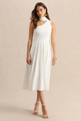 Odette White Asymmetric Neck Midi Dress With Scarf