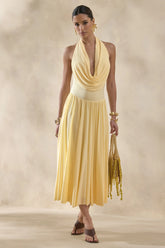 Veyra Lemon Plunge Cowl Neck Midi Dress