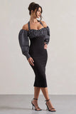 Couture Client Black White Polka Dot Halter Neck Puff Sleeve Midi Dress