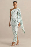 Clementina Green Porcelain Print Asymmetric Cape Sleeve Maxi Dress