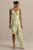 Glint Lemon Floral Print Satin Plunge Neck Maxi Dress With Asymmetric Hem