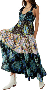 Women Floral Maxi Dress Tie Shoulder Patchwork Smocked Flowy Boho Dress with Pockets Summer Vacation Sundress