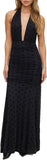 Women Polka Dot Mesh Maxi Dress Deep V Neck Halter Backless Dress Cocktail Wedding Guest