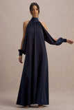 Baila Navy Satin High Neck Cape Sleeve Maxi Dress