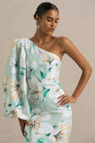 Kellis Green Floral Print Asymmetric Maxi Dress With Balloon Sleeve