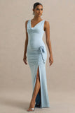 Pure Affection Powder Blue Cowl Neck Maxi Dress With Ruched Detailing And Front High Split
