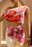 Lia Large Multi Floral Print Asymmetric Crop Top