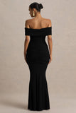 Envisioned Black Bardot Neck Maxi Dress With Gathered And Drape Detail