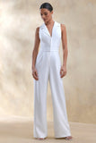 Brillora White Plunge Neck Tailored Jumpsuit
