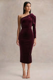 Vespera Burgundy Velvet Asymmetric Neck Midi Dress With Bow Detail