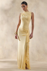 Helessia Lemon Asymmetric Neck Maxi Dress With Gathered Detailing And Sash