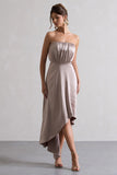 Willa Taupe Satin Bandeau Maxi Dress With Asymmetric Hem