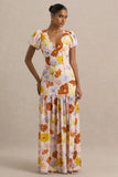 Ginny Bright Floral Print Puff Sleeve Split Maxi Dress