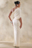 Iberia Cream Asymmetric Neck Maxi Dress With Draped Detail