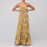 Women Floral Maxi Dress Tie Front Cut Out Backless Boho Spaghetti Strap Summer Beach Sundress