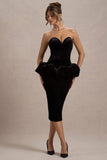 Sarifa Black Velvet Strapless Corset Midi Dress With Ruffle Peplum