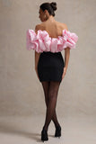 Macaron Black Bardot Mini Dress With Pink Ruffle Trim