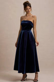 Addina Navy Velvet Bandeau Skater Midi Dress