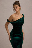 Carella Bottle Green Velvet Twisted Asymmetric Midi Dress