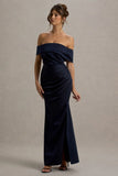 Martine Navy Satin Bardot Wrap Maxi Dress
