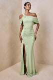 Nala Mint Asymmetric Neck Maxi Dress With Gathered Detailing