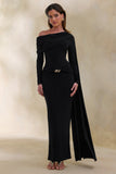 Bessy Black Asymmetric Neck Maxi Dress With Gathered Detailing And Sash