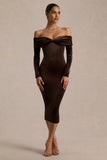 Compliment Brown Velvet Bardot Midi Dress