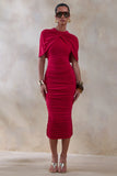 Parisia Red Round Neck Midi Dress With Cape Detail