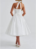 Women Halter Midi Dress Corset Back Layered Tulle Skirt A Line Formal Dresses Wedding Guest Bridal Shower