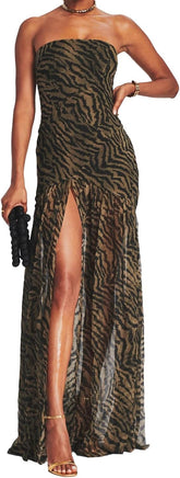 Women Tube Top Dress Tiger Stripe Mesh Patchwork Maxi Dress Strapless Sexy High Slit Long Dresses Beach Vacation
