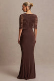 Zaria Brown Crew Neck Maternity Maxi Dress With Cape Overlay