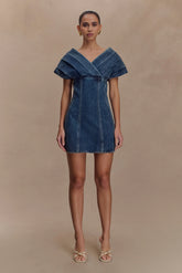 Pascale Off Shoulder Denim Mini Dress Washed Dark Blue