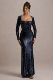 Ensley Navy Sequin Sweetheart Long Sleeve Maxi Dress