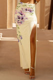 Stassi Lilac Floral Placement Print Ruched Split Maxi Skirt