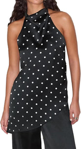 Women Polka Dot Satin Halter Top Backless Side Slit Tank Tops Going Out Clubwear