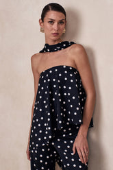 Evandra Black White Satin Polka Dot Bandeau Top With Scarf