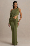 Layla Olive Asymmetric Neck Wrap Maxi Dress With Body Cut Out And Ruched Detailing