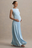 Outline Powder Blue Crew Neck Maternity Maxi Dress With Pleated Skirt