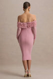 Adita Blush Pink Mesh Floral Bardot Maternity Midi Dress