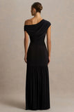 Kady Black Asymmetric Neck Maxi Dress With Ruched Detailing and Front High Split