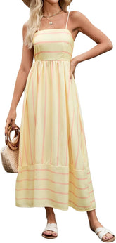 Women Striped Maxi Dress Sleeveless Backless Cutout Smocked Sundress Spaghetti Straps Boho Flowy Dresses