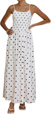 Women Polka Dot Maxi Dress Smocked Spaghetti Strap Flowy Sundress Summer Beach Vacation