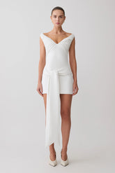 Runa Off Shoulder Mini Dress With Waist Tie White
