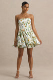 Valerian Lemon Floral Print Bandeau Mini Dress With Ruffle Hem