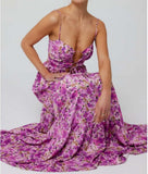 Women Floral Maxi Dress Tie Front Cut Out Backless Boho Spaghetti Strap Summer Beach Sundress