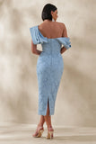Loria Powder Blue Lace Asymmetric Neck Midi Dress With Draped Detailing