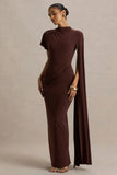 Tropic Brown High Neck Maxi With Long Cape Sleeve