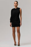 Fortuna Black Ruched Mini Dress With One Sleeve