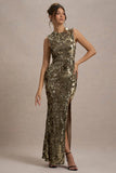 Cleopatra Gold Sequin Split Maxi Dress